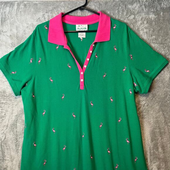 Vintage Quacker Factory Polo Green Dress Pink Flamingo Embroidered‎ Summer Sz 1X - Picture 2 of 8